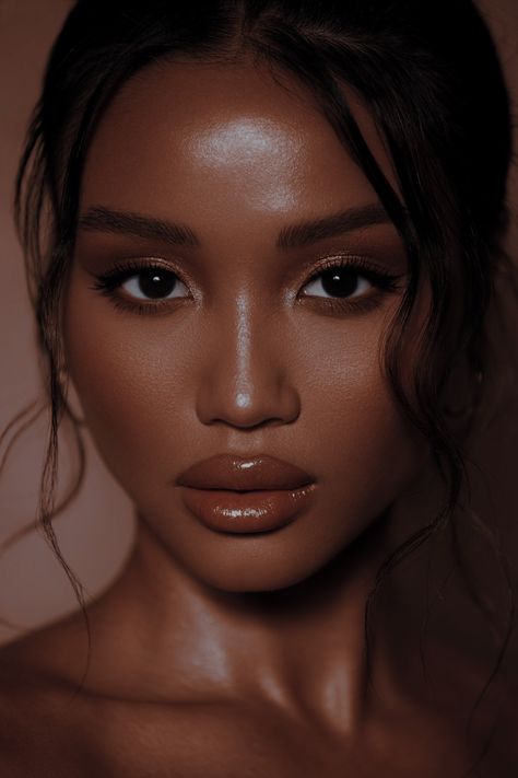 Brown Lipstick For Black Women, Vogue Beauty Editorial, Brown Photoshoot Ideas, Dusk Photoshoot, Brown Lipstick Makeup, Espresso Makeup, Beauty Head Shots, Chocolate Makeup, Dusky Skin