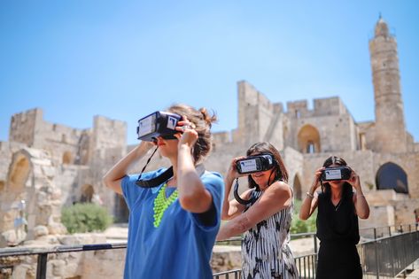 Visitors taking part in the Step Into History VR tours produced by the Tower of David Museum and Lithodomos VR. Photo by Ricky Rachman The Tower, Walking Tour, Historical Sites, Tour Guide, Virtual Reality, Packaging Design, Art Ideas, Tower, Walking