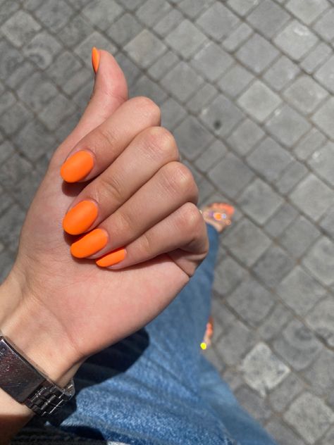 Matte Orange Nail, Bright Orange Nails, Matte Nail Colors, Orange Nail, Almond Nails Designs, Orange Nails, Matte Nails, Almond Nails, Bright Orange