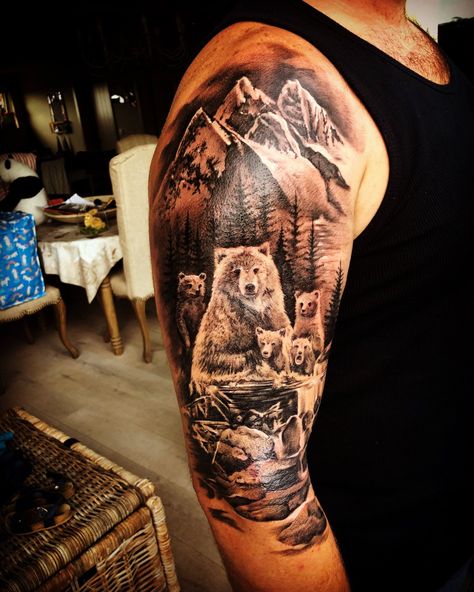 12+ Best Bear Family Tattoo Designs | PetPress Mountain Sleeve Tattoo, Family Sleeve Tattoo, Grizzly Bear Tattoos, Natur Tattoo Arm, Animal Tattoos For Men, Family Tattoos For Men, Arte Viking, Tattoos For Moms With Kids, Bear Tattoo Designs