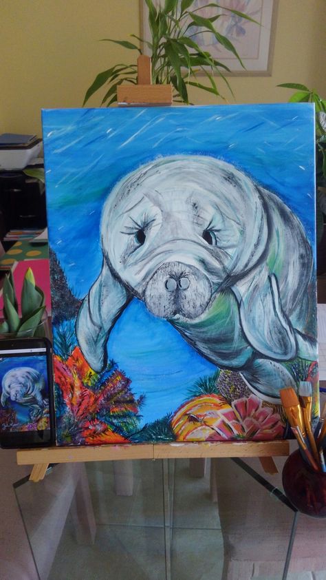 Manatee Painting Easy, Manatee Craft, Lady Fish, Manatee Art, Florida Nature, Manatees, Illustration Ideas, Paint Projects, Water Art