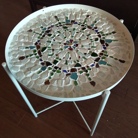 Mandala mosaic, created using beach glass, grout, and an Ikea side table Beach Glass Mosaic, Ikea Side Table, Mosaic Table, Beautiful Backyards, Glass Mosaic, Saucer Chairs, Beach Glass, Grout, Mosaic Glass