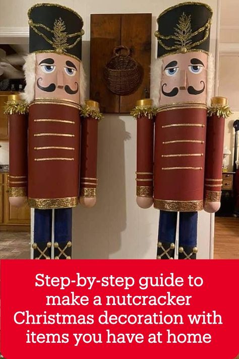 Diy Nutcracker Soldier Cardboard, How To Build A Nutcracker, Christmas Crafts Nutcracker, How To Make A Large Nutcracker Soldier, 6ft Nutcracker Diy, How To Make Nutcrackers, 6 Ft Nutcracker Diy, Diy 5 Gallon Bucket Nutcracker, How To Make Nutcracker Soldier