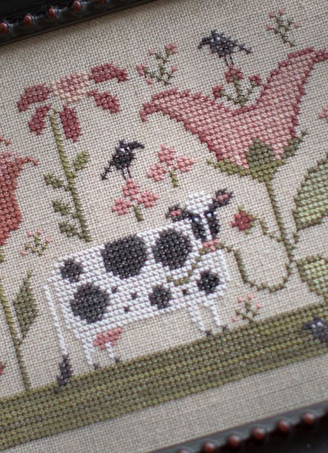 Bovinia tp Spring Cross Stitch Patterns, Cow Cross Stitch, Cross Stitch Cow, Plum Street Samplers, Primitive Cross Stitch Patterns, Summer Embroidery, Cross Stitch Pillow, Cross Stitch Finishing, Vintage Cross Stitches