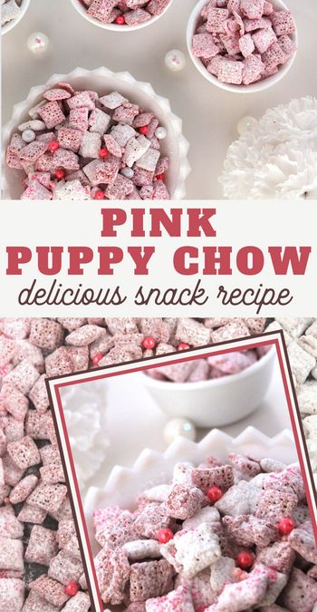 pink puppy chow recipe Pink Out Baked Goods, Cute Pink Treats, Pink Out Bake Sale, Barbie Theme Dog Party, Pink Snacks For Birthday Party, Healthy Pink Snacks For Party, Food For Pink Party, Pink Out Food Ideas, Snacks For Barbie Party