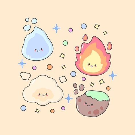 Vector elements fire water ground cloud ... | Premium Vector #Freepik #vector How To Draw Fire, Fire Doodle, Cloud Doodle, Cute Facial Expressions, Kawaii Cloud, Fire Drawing, Cute Cloud, Cloud Illustration, Planner Setup