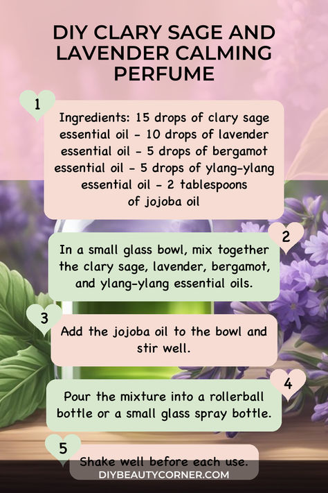 DIY Clary Sage and Lavender Calming Perfume Lilac Essential Oil Blend, Diy Lavender Oil, Essential Oil Body Spray Recipes, Natural Perfume Recipes, Lilac Essential Oil, Perfume With Essential Oils, Diy Perfumes, Perfume Oil Recipes, Diy Perfume Recipes