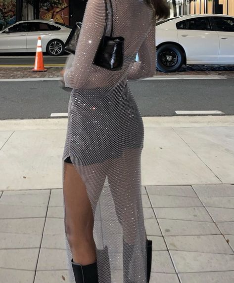 Flashy Outfits Sparkle, Sheer Mesh Dress Outfit, Glittery Outfits Sparkle, Shiny Outfits Sparkle, Rave Club Outfits, Fishnet Dress Outfits, Lizzo Outfits, Long Shiny Dress, Red Rave Outfit