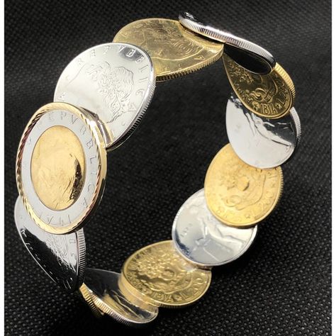 Milor Italy Coin Bracelet Gold and Silver Tone 7.5" Bangle 14K Bezel on 500 Lira Coin Bracelet, Bracelet Gold, Bangle Bracelet, Bracelet Making, Gold And Silver, Bangle Bracelets, Next Day, Two Tone, Gold Bracelet