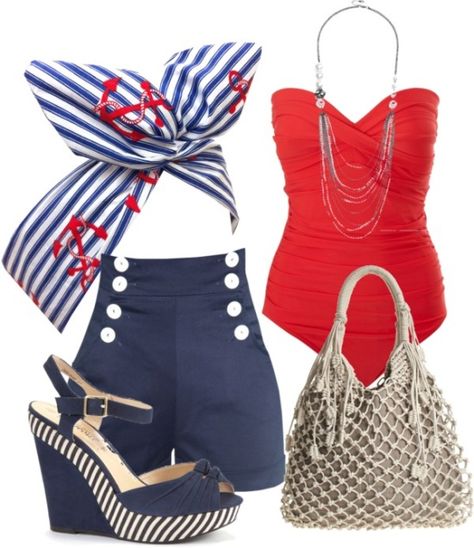 Fashion Design School, Nautical Outfits, Sailor Fashion, 4th Of July Outfits, Double Denim, Nautical Fashion, Coach Purse, Look Vintage, Clothes And Accessories