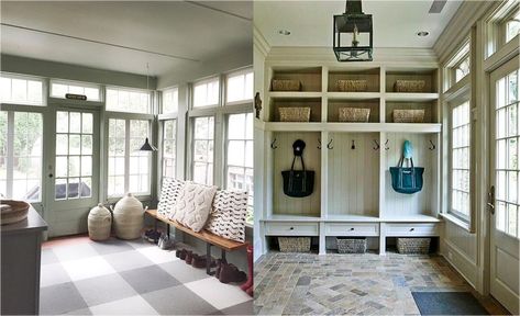 Sunroom Mudroom Combo, Mudroom Sunroom, Home Additions Back Of House, Sunporch Ideas, House Mudroom, Farmhouse Sunroom, Mudroom Addition, Mudroom Laundry Room Ideas, Upholstered Banquette