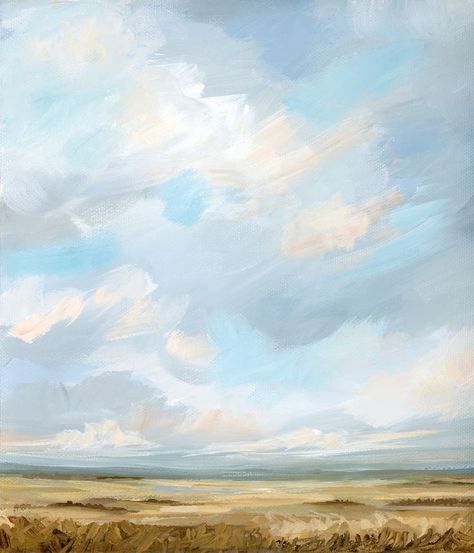 Original art with big prairie sky & calm open field. Soft blue clouds & warm neutral wheat tones. Wildflower Mural, Weather Art, Modern Landscape Painting, Abstract Cloud, Watercolor Sky, Cloud Art, Blue Abstract Art, Canvas Painting Designs, Gold Leaf Painting