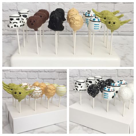 Star Wars cake pops. Storm Trooper, Chewbacca, Darth Vader, C-3PO, R2D2, Yoda. Made January 2018. Star Wars Cakepops, R2d2 Birthday Party Ideas, Grogu Cake Pops, Yoda Cake Pops, Star Wars Cake Pops, Star Wars Dessert, Star Wars Theme Birthday, Yoda Birthday, Yoda Party