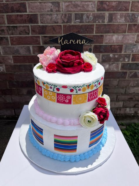 Mexican Cake Fiesta Cake Graduation Cake Edible Images Cake with flowers Mexican Theme Graduation Cake, Mexican Flower Cake, Mexican Graduation Cake, Fiesta Graduation Cake, Mexican Style Cake, Mexican Theme Graduation Party, Simple Mexican Theme Cake, Mexican Cake Ideas, Mexican Graduation Party