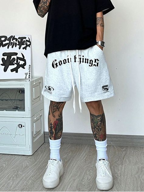 Grey Casual Collar  Knitted Fabric Letter Track Shorts Embellished Non-Stretch,Slight Stretch  Men Clothing Nice Clothes Men, Sporty Fashion Men, Short Shorts Men Outfit, Shein Outfits Men, Shorts Outfits Men Streetwear, Woc Outfit, Shorts Outfits Men, Skater Style Men, Streetwear Outfit Men