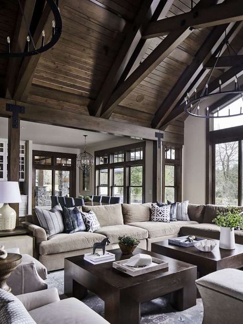 Gorgeous lodge style home with modern twist in Washington wine country Lodge Style Home, Modern Lodge, Rustic Luxury, Modern Rustic Living Room, Interior Design Rustic, Transitional Modern, Lodge Style, Luxury Interiors, Design Studios