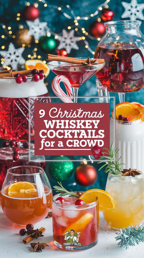 "Discover 9 festive Christmas whiskey cocktails perfect for a crowd! These  yummy fall alcoholic drinks are ideal for holiday parties and gatherings.  From punch bowl cocktails to cheap cocktails for a crowd, you'll find  delicious drinks to serve at any celebration. Explore whiskey cocktails for  a crowd that are easy to make and sure to impress your guests. Try big  batch drinks alcoholic and sparkling alcoholic drinks that elevate your  festive spirit!" Christmas Party Drinks Batch, Men Cocktail Drinks, Whiskey Punch For A Crowd, Bourbon Punch For A Crowd, Big Batch Holiday Cocktails, Vodka Cocktails For A Crowd, Large Batch Christmas Cocktails, Christmas Batch Cocktails, Punch Bowl Cocktails