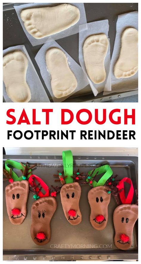 Salt Dough Footprint Reindeer Ornaments- such a cute christmas craft for kids to make! Fun homemade ornaments for gifts for parents or grandparents. DIY project for keepsakes! Recipe for salt dough footprint ornaments. Salt Dough Footprint, Grandparents Diy, Baby Christmas Crafts, Gifts For Parents, Preschool Christmas Crafts, Christmas Crafts For Kids To Make, Homemade Ornaments, Reindeer Ornaments, Daycare Crafts