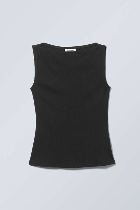 Annie Rib Boatneck Top - Black - Weekday WW Swedish Street Style, Boat Neck Shirt, Boat Neck Tops, Ribbed Knit Top, Basic Tops, Online Tops, Black Sleeveless, Shirts & Tops, Boat Neck