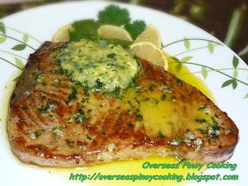 Tuna Steak with Butter Garlic and Parsley Sauce Fresh Tuna Steak Recipes, Sauce For Tuna Steak, Steak With Butter, Baked Tuna Steaks, Grilled Tuna Steaks Recipes, Fresh Tuna Recipes, Ahi Tuna Steak Recipe, Mayo Salad, Grilled Tuna Steaks