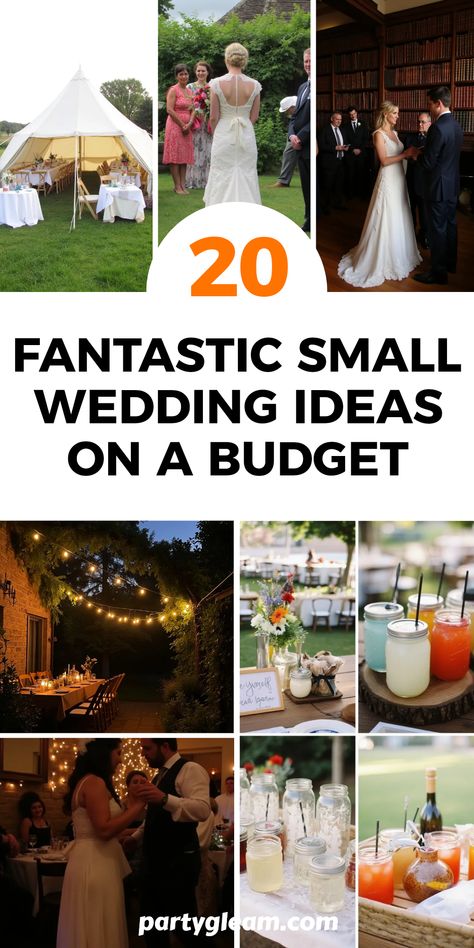 Explore 20 fantastic small wedding ideas on a budget with this engaging pin. It showcases 6 inspiring images featuring creative decorations, affordable tips, and tips for an unforgettable celebration. Recycled Wedding Dress, Wedding Hacks Budget, Beautiful Small Wedding, Small Simple Wedding, Small Private Wedding, Small Outdoor Wedding, Very Small Wedding, Recycled Wedding, Wedding Ideas On A Budget