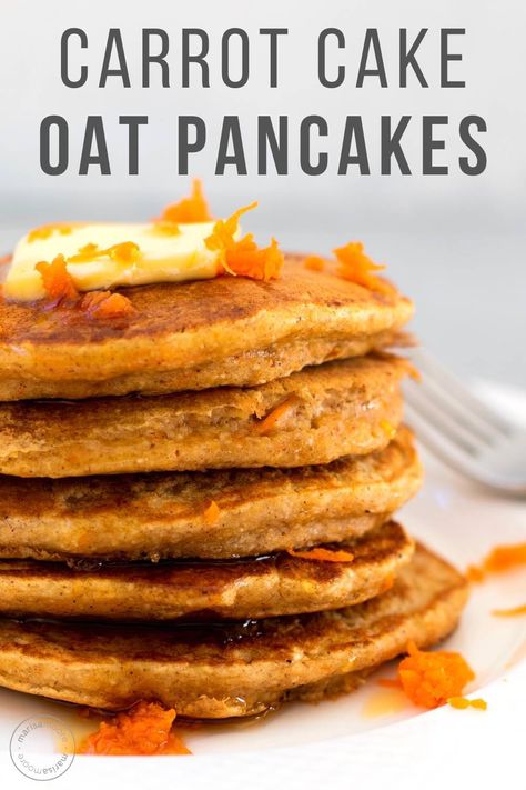 These healthy carrot cake pancakes are made with whole grain oats and no regular flour for an easy gluten-free breakfast. Bursting with the warm spices of carrot cake, these oat flour pancakes are almost like having dessert for breakfast. Carrot Pancakes, Oat Flour Pancakes, Carrot Cake Pancakes, Cake Pancakes, Easy Carrot Cake, Healthy Carrot Cakes, Carrot Cake Oatmeal, Dairy Free Breakfasts, Best Carrot Cake