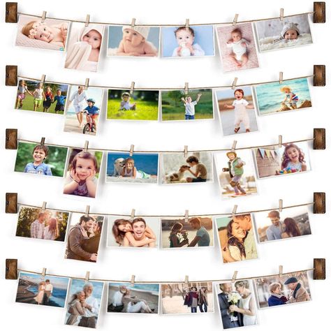 PRICES MAY VARY. 【Fashionable Picture Frames for Wall】This 35 inch length of hanging photo display has 5 Strings with 30 Clips, could hold 30 photos, 20 postcards, 40 tickets or memos, could solve the problem that you have many photos but they are too large or small. Show your fond life, family love, friendship, your journey or every pretty detail perfectly. 【Unique DIY Photo Frame Display】Wood picture frame for wall displays your photos in an uninhibited way, it fits all sizes and you can easil Hanging Photo Display, Frames Collage, Multi Picture Frames, Diy Photo Display, Photo Wall Hanging, Photo Wall Display, Frame Wall Collage, Collage Des Photos, Wall Collage Decor