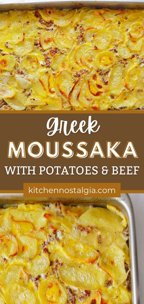 Looking for a delicious and creative dish to make? This Moussaka recipe is a delicious Greek casserole that will be sure to please the whole family! Featuring potatoes and beef, this dish is sure to be a huge hit with everyone. So why wait? Get started on this mouth-watering meal today! Greek Casserole, Potato Moussaka, Greek Easter Recipes, Greek Moussaka, Asian Steak Bites, Kitchen Nostalgia, Potato Breakfast Recipes, Moussaka Recipe, Greek Dinners