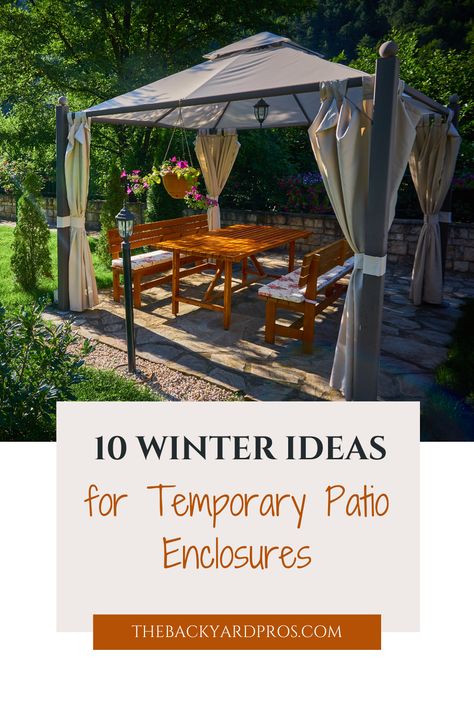 As the winter chill sets in, don't let the cold keep you from enjoying your outdoor space! Transform your patio into a picturesque winter oasis with these brilliant temporary enclosure ideas. Whether you're a DIY enthusiast or seeking budget-friendly options, these patio enclosures will make winter your new favorite season! Let's embrace the beauty of winter together! 🌬️❤️ #WinterPatio #CozyRetreat Outdoor Patio Ideas For Rainy Places, Winter Outdoor Living Space, Garden Pavilion Ideas, Winter Backyard Ideas Cold Weather, Pergola Winter, Winter Pergola, Winter Deck Ideas Snow, Outdoor Heater Ideas, Winter Deck Ideas