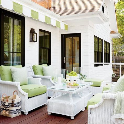 outdoor patio with white and apple green, Sherwin Williams Organic Green White Wicker Patio Furniture, White Wicker Chair, White Wicker Furniture, Modern Patio Furniture, Outdoor Wicker Furniture, Porch Furniture, Outdoor Patio Furniture Sets, Green Cushions, Wicker Patio Furniture