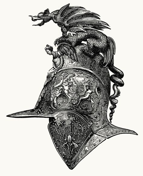 Dragon Helmet, Helmet Illustration, Medieval Tattoo, Armor Drawing, Knight Tattoo, Ancient Armor, Historical Armor, Knight Armor, Medieval Armor