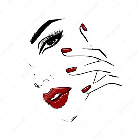 Premium Vector | Outline face with red lips and nails Red Lips, Premium Vector, Lips, Nails, Red