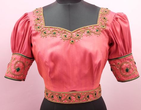 Buff sleeve blouse with hand embroidery Buff Hands Blouse Designs, Buff Blouse Designs, Buff Sleeve Saree Blouse, Buff Sleeves Blouse Designs, Sleeves Blouse Designs, Buff Sleeves, Blouses Designs, Flower Sleeve, Sleeves Blouse