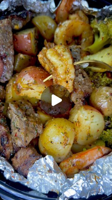 Steak Potatoes And Shrimp, Shrimp And Steak Foil Packets, Dinner Ideas With Shrimp And Potatoes, Shrimp And Potatoes Recipes Foil Packets, Steak And Shrimp Potato, Steak In Foil Packet Oven, Shrimp And Beef Recipes, Seafood Boil Packets, Steak Potatoes And Broccoli Foil Pack