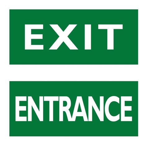 Exit and Entrance signs. English white text on green background. Entrance Signage Printable, Green Signage, Entrance Signs, Entrance Signage, Grunge Posters, Broken Screen Wallpaper, Camping Inspiration, Exit Sign, The Exit