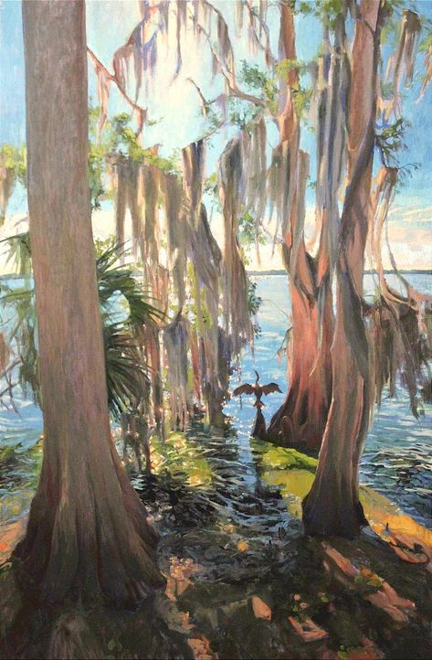 "It's as much about the light as the subject." Florida artist Blair Updike is known for her backlit scenes. What Floridian hasn't looked with wonderment on the beauty a fringy cabbage palm pierced through with sunset-light, or lakeside trees haloed with mid-morning sparkles. You can see more @bupdikeart  #floridaartist #floridapaintings #wildflorida Everglades Tattoo, Swamp Art, Florida Painting, Florida Artwork, Coconut Beach, Derby Car, Coconuts Beach, Florida Artist, Florida Springs