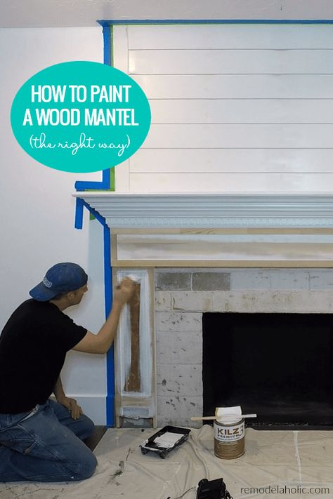 VIDEO TUTORIAL! DIY Fireplace and Mantel Makover: How to update a wood mantel and paint and prime original and new wood to paint the mantel gray #remodelaholic #fireplaces #shiplap Painted Fireplace Mantels, Black Brick Fireplace, Diy Fireplace Makeover, White Mantel, Fireplace Mantel Surrounds, House Cleaners, Wood Mantle, Paint Fireplace, Wood Fireplace Mantel