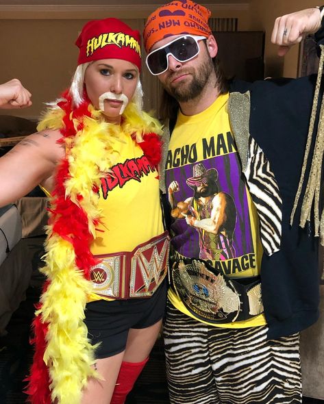 90s Inspired Halloween Costumes Couples, Wrestlers Halloween Costumes, 80s Pop Culture Costume, Bearded Halloween Costumes Couples, Hulk Hogan And Macho Man Costume, Womens Funny Halloween Costumes, Mullet Halloween Costume Ideas, 80s Fancy Dress Couples, Hulk Hogan Costume Women