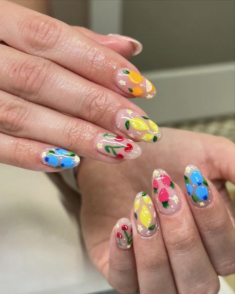 She requested “fruit salad nails” 🍊🍓🍒🫐🍋 Took 1.5 hours and priced at $85🫶🏼 Nail Specialist, 5 Hours, Fruit Salad, Cute Casual Outfits, Nail Designs, Casual Outfits, Salad, Fruit, Nails