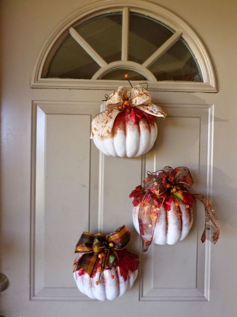 Styrofoam Pumpkins Half Pumpkin Door Decoration, Half Pumpkin Crafts, Styrofoam Pumpkin Crafts, Styrofoam Pumpkins, Couple Recipes, Fall Topiaries, Handmade Pumpkins, Pumpkins Ideas, Autumn Projects