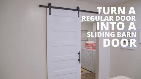 Turn an ordinary door into a farm-chic sliding barn door with these easy steps. Bathroom Door Ideas, Door Video, Barn Door In House, Door Design Photos, Barn Door Closet, Diy Sliding Barn Door, Rolling Barn Door, Interior Remodel, Diy Barn Door