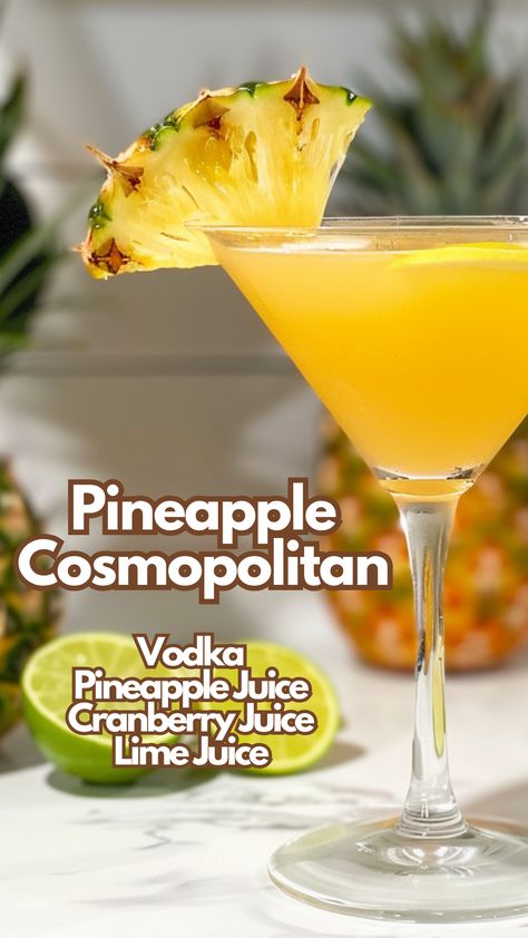 It’s a refreshing twist on the classic Cosmo, swapping traditional ingredients for pineapple juice, which adds a fruity punch. This cocktail is perfect for those who enjoy a sweet yet slightly tart flavor. The combination of vodka, cranberry, and citrus notes creates a balanced drink that’s enjoyable at any gathering. #pineapplecosmopolitan via @mybartender Fun Vodka Cocktails, Pineapple Cosmopolitan, Simple Summer Cocktails, Summer Party Drinks, Simple Cocktails, Vodka And Pineapple Juice, Vodka Cranberry, Vodka Recipes Drinks, Pineapple Cocktail