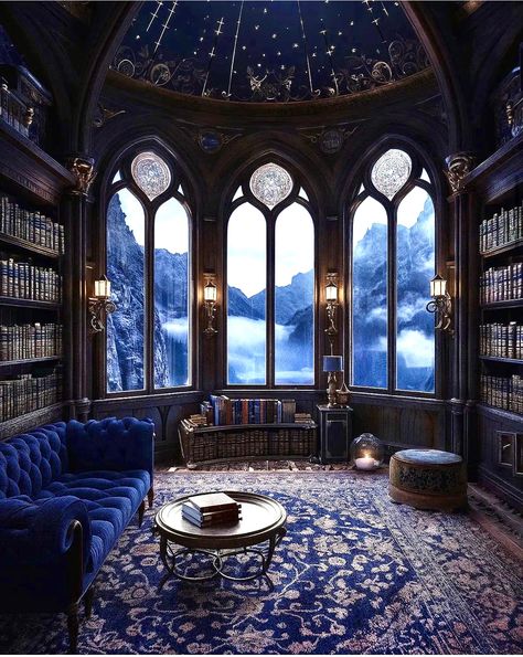 Goth House Aesthetic, Fantasy House Interior, Ravenclaw Room, Cottage Goth, Gothic Fireplace, Ravenclaw Common Room, Bookstore Design, Goth Houses, Ravenclaw House