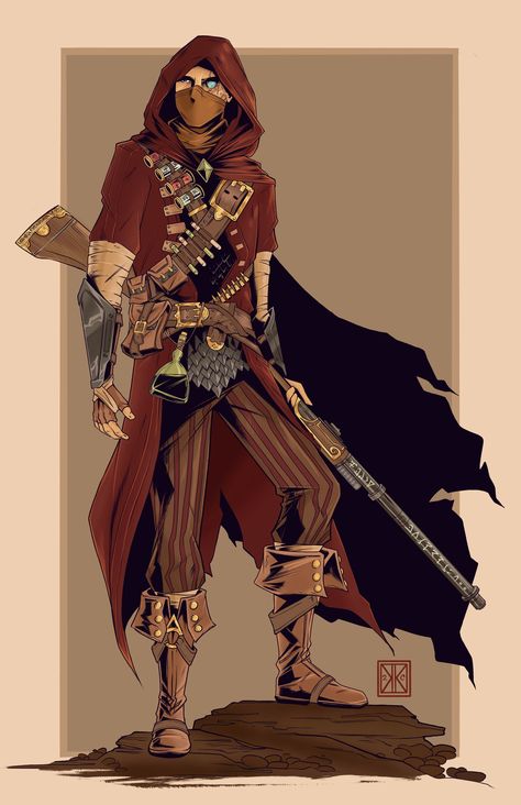 Human Armorer Artificer, Steampunk Gunslinger Art, Artificer Armorer 5e, Half Elf Artificer, Dnd Steampunk Character, Artificer Character Art, Magic Gunslinger, Fantasy Engineer, Dnd Artificer Art