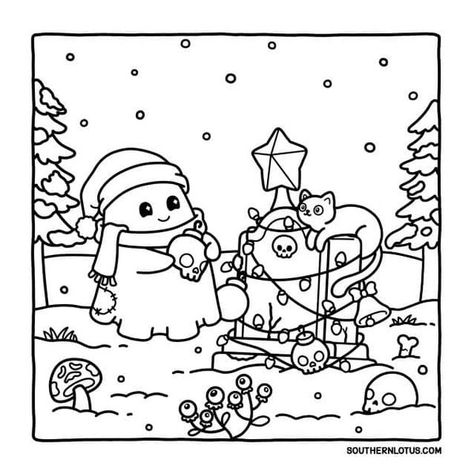 Southern Lotus Coloring Pages, Coloring Pages Aesthetic Christmas, Spooky Christmas Coloring Pages, Southern Lotus Coloring Book, Cozy Christmas Coloring Pages, Coco Wyo Coloring Pages Christmas, Christmas Colouring Pages, Coco Wyo, Coloring Pages Winter