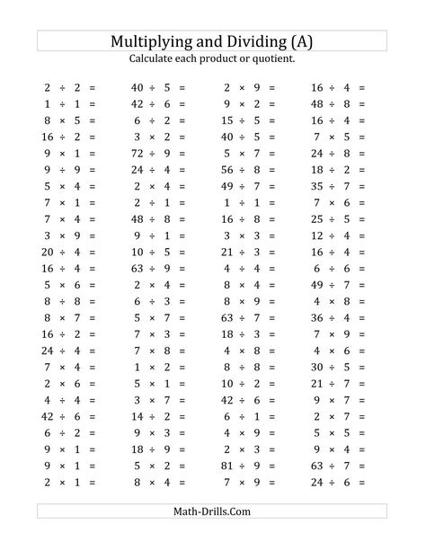 The 100 Horizontal Multiplication/Division Questions (Facts 1 to 9) (A) Math Worksheet from the Mixed Operations Worksheets Page at Math-Drills.com. Subtraction Facts Worksheet, Free Printable Multiplication Worksheets, Multiplication Questions, Basic Math Worksheets, Printable Multiplication Worksheets, Multiplication Facts Worksheets, Math Division Worksheets, Math Multiplication Worksheets, Math Facts Addition