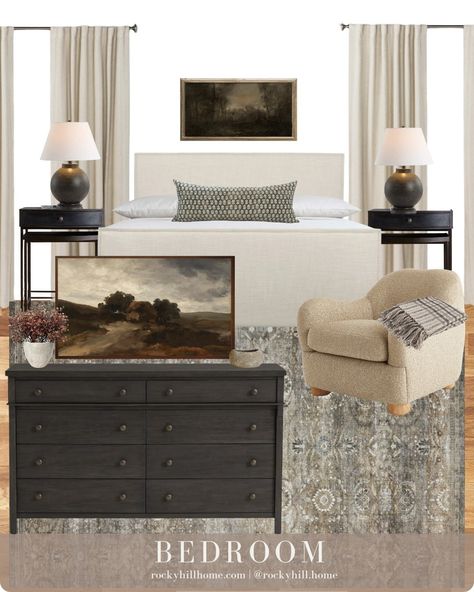 Owners Suite Bedroom Furniture, Guest Bedroom Transitional, Guest Bedroom King Bed, Transitional Organic Modern Bedroom, Coordinating Bedroom Furniture, Bedroom Furniture Mix And Match, Mixed Bedroom Furniture Ideas, Modern English Bedroom, Transitional Modern Bedroom