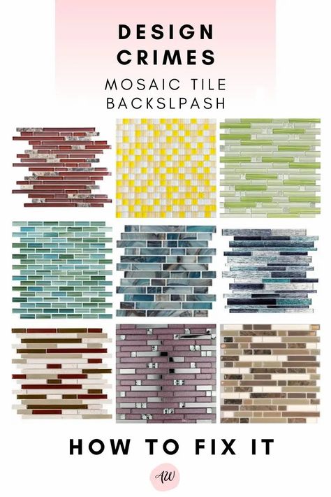 DESIGN CRIMES Mosaic tile backsplash Glass Mosaic Backsplash Kitchen, Pencil Tile, Glass Mosaic Tile Backsplash, Mosaic Tile Backsplash Kitchen, Bold Tile, Decorating Rules, Patterned Tile Backsplash, Backsplash Patterns, Mosaic Backsplash Kitchen