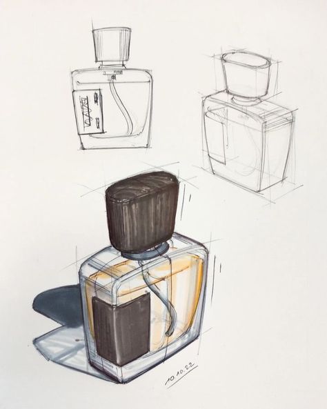 Isometric Product Sketches, Perfume Drawing Sketches, Perfume Bottle Design Sketch, Object Design Sketch, Perfume Bottle Sketch, Perfume Sketch, Perfume Drawing, Bottle Sketch, Box Sketch