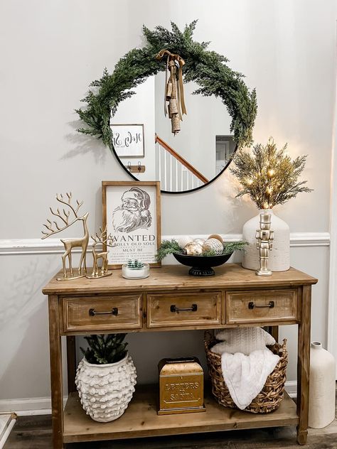 Mud Room Christmas Decor, Small Console Table Christmas Decorating Ideas, Buffet Table Decor Christmas, Front Table Christmas Decor, Buffet Decor Christmas, Christmas Front Table Decor, Over Table Christmas Decorations, Holiday Sideboard Decor, Christmas Decor Ideas Side Table